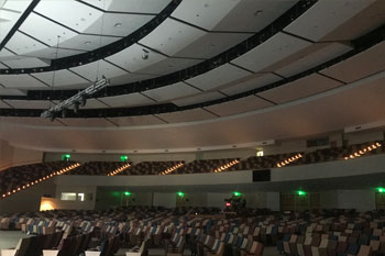 Interior of Calvary Orlando church stair lights on and house lights off - Winter Park, Florida, USA