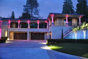 garage exterior at night of Mercer Island Residence using Pulsar ChromaBump MR16 LED architectural lighting