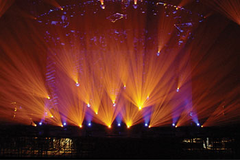 stage using 46 SGM Giotto 400 Spot CMY moving head lights during band Coldplay's Twisted Logic World Tour, United Kingdom