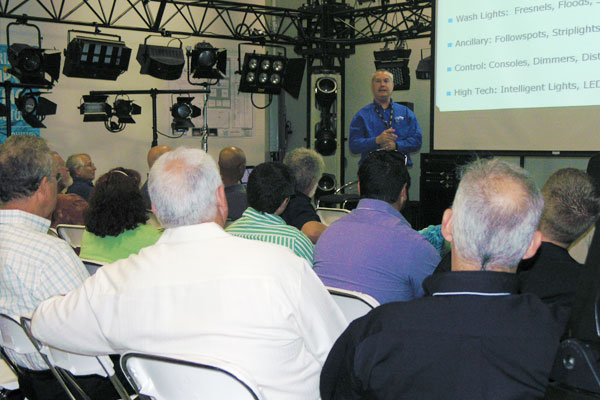 Lighting Designer Tony Hansen giving a lighting seminar in the showroom during the Rental & Staging Roadshow at Techni-Lux