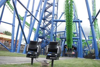 back of 2 Studio Due CityColor 2000 architecural lighting fixtures pointed up underneath towards Goliath Coaster Thrill Ride, Six Flags New England - Agawam, Massachusetts, USA